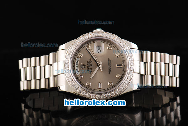 Rolex Day Date II Automatic Movement Full Steel with Diamond Bezel-Diamond Markers and Grey Dial - Click Image to Close